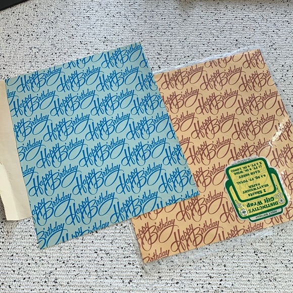 Vintage Cursive  Happy Birthday Giftwrap Scraps Blue and Brown - Picture 1 of 2